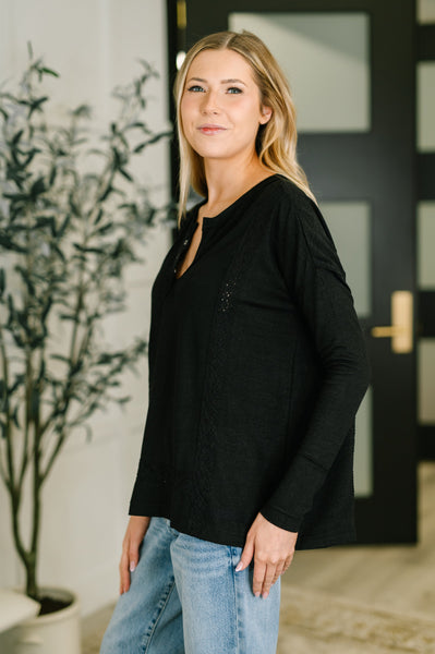 Never Been So Sure Lace Accent Henley Top in Black - Ruby Rebellion