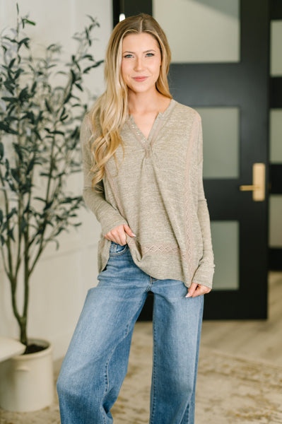 Never Been So Sure Lace Accent Henley Top in Taupe - Ruby Rebellion