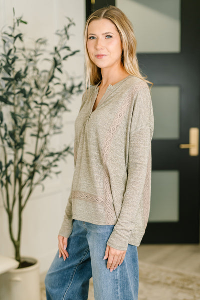 Never Been So Sure Lace Accent Henley Top in Taupe - Ruby Rebellion