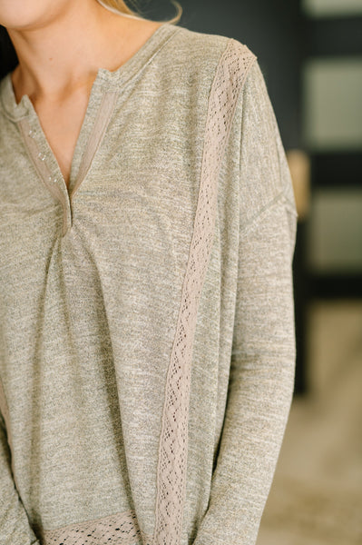 Never Been So Sure Lace Accent Henley Top in Taupe - Ruby Rebellion