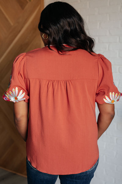 No Concerns Embroidered Sleeve Blouse - Ruby Rebellion