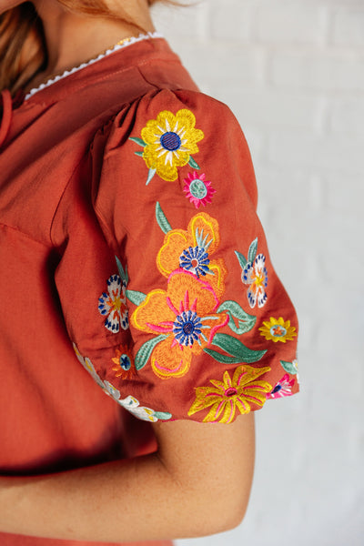 No Concerns Embroidered Sleeve Blouse - Ruby Rebellion