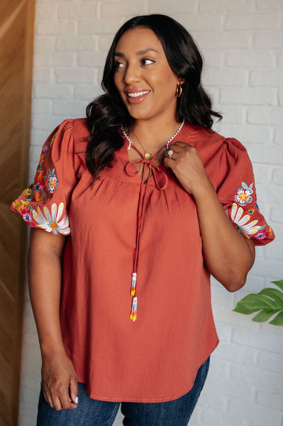 No Concerns Embroidered Sleeve Blouse - Ruby Rebellion