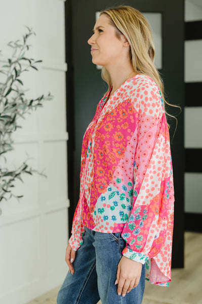 No Hesitation Mixed Print Blouse - Ruby Rebellion