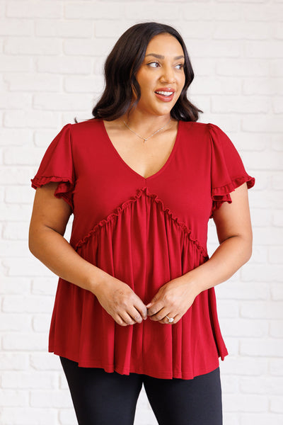 One Day Soon V-Neck Ruffle Detail Top - Ruby Rebellion
