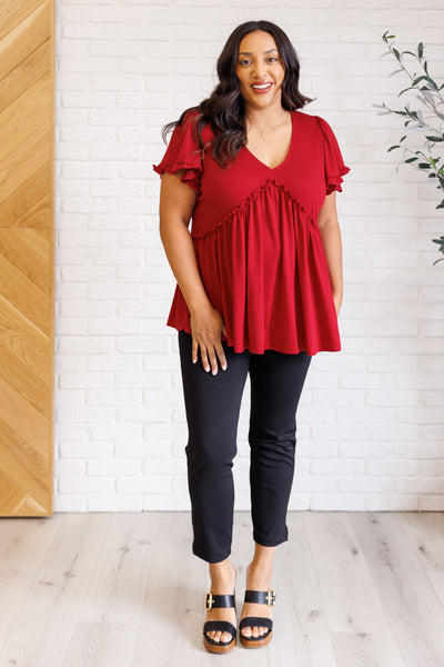 One Day Soon V-Neck Ruffle Detail Top - Ruby Rebellion