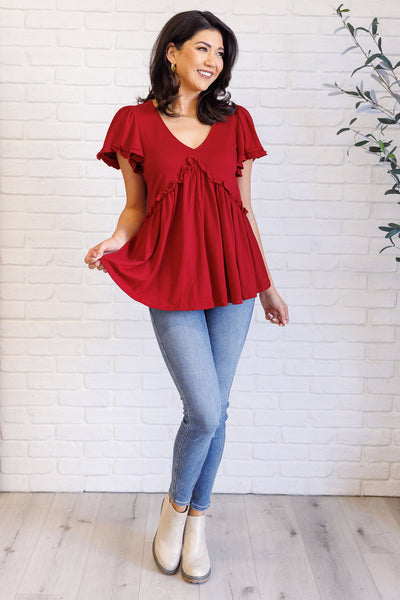 One Day Soon V-Neck Ruffle Detail Top - Ruby Rebellion