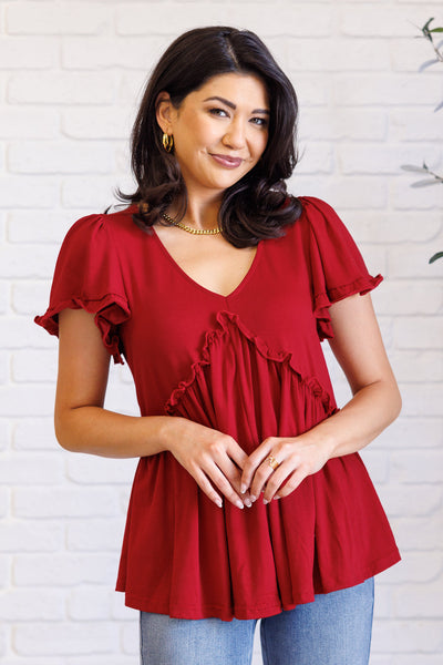 One Day Soon V-Neck Ruffle Detail Top - Ruby Rebellion