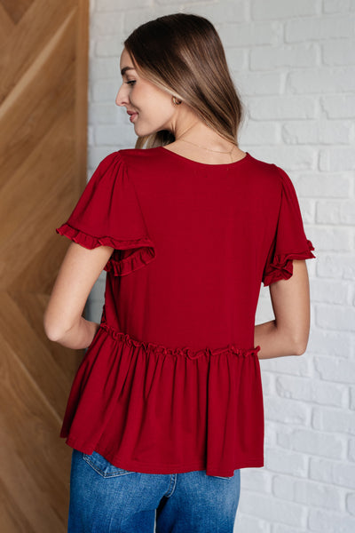 One Day Soon V-Neck Ruffle Detail Top - Ruby Rebellion