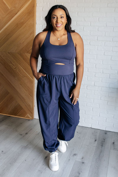 Raising Heart Rate Cut Out Jumpsuit in Navy - Ruby Rebellion