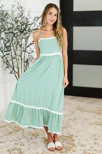 Ripple Effect Spaghetti Strap Dress in Sage