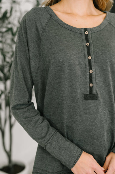 Rooftop View Raglan Sleeve Henley Top - Ruby Rebellion