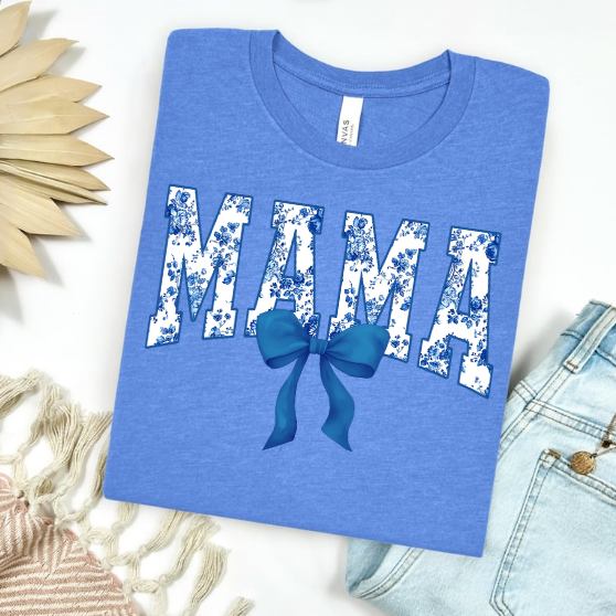 Blue Floral Mama with Bow Graphic Tee (Copy)