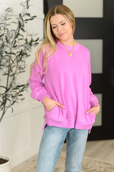 Talk Cozy to Me Stepped Hem Pullover in Bright Mauve - Ruby Rebellion