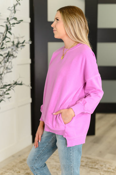 Talk Cozy to Me Stepped Hem Pullover in Bright Mauve - Ruby Rebellion