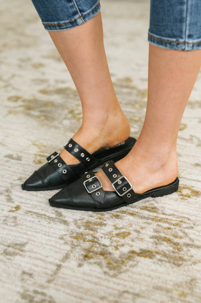 Usual Pointy Toe Double Buckle Flat in Black
