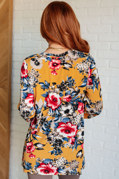 V-Neck Scoop Hem Top in Marigold Floral - Ruby Rebellion