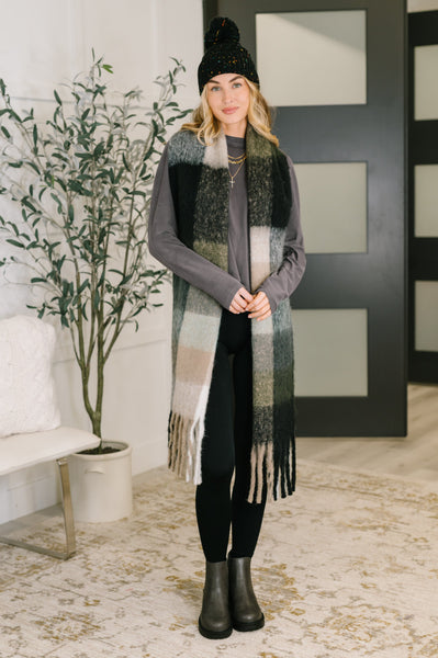Wanderlust Wrap Oversized Plaid Fringe Scarf in Grey and Jade - Ruby Rebellion