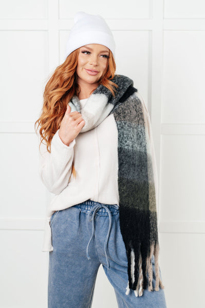 Wanderlust Wrap Oversized Plaid Fringe Scarf in Grey and Jade - Ruby Rebellion