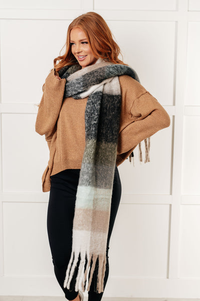 Wanderlust Wrap Oversized Plaid Fringe Scarf in Grey and Jade - Ruby Rebellion