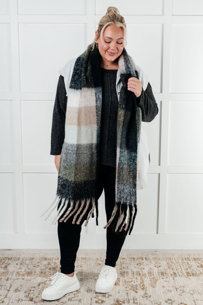 Wanderlust Wrap Oversized Plaid Fringe Scarf in Grey and Jade - Ruby Rebellion