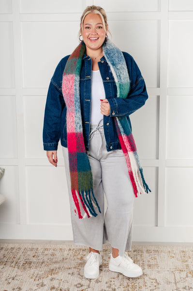 Wanderlust Wrap Oversized Plaid Fringe Scarf in Magenta and Teal - Ruby Rebellion