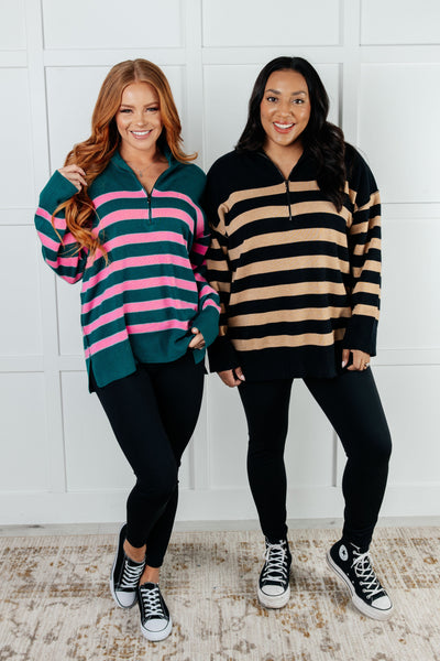 Well Situated Striped Quarter Zip Sweater in Black and Tan - Ruby Rebellion