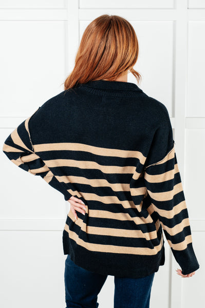 Well Situated Striped Quarter Zip Sweater in Black and Tan - Ruby Rebellion