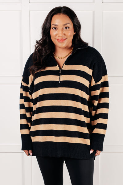 Well Situated Striped Quarter Zip Sweater in Black and Tan - Ruby Rebellion