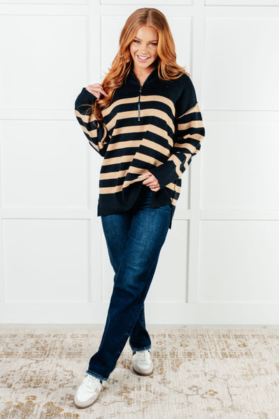 Well Situated Striped Quarter Zip Sweater in Black and Tan - Ruby Rebellion