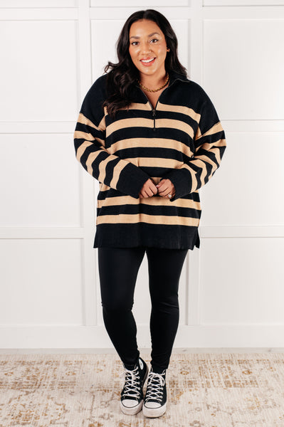 Well Situated Striped Quarter Zip Sweater in Black and Tan - Ruby Rebellion