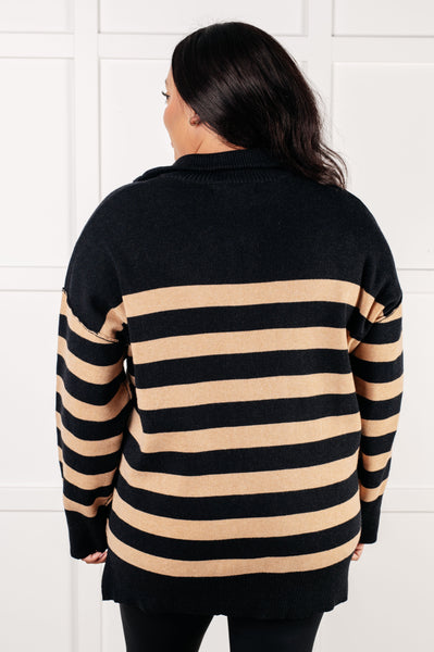 Well Situated Striped Quarter Zip Sweater in Black and Tan - Ruby Rebellion