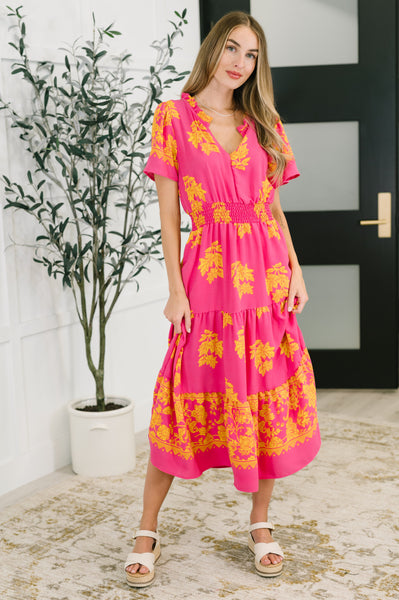 Whispering Willow V-Neck Dress in Fuchsia - Ruby Rebellion