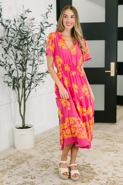 Whispering Willow V-Neck Dress in Fuchsia - Ruby Rebellion
