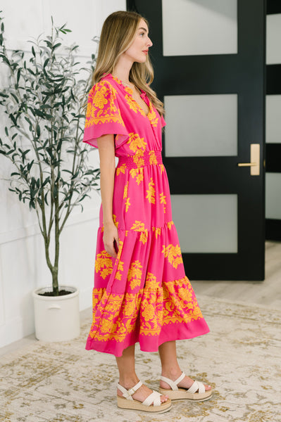 Whispering Willow V-Neck Dress in Fuchsia - Ruby Rebellion
