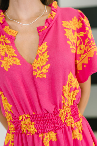 Whispering Willow V-Neck Dress in Fuchsia - Ruby Rebellion