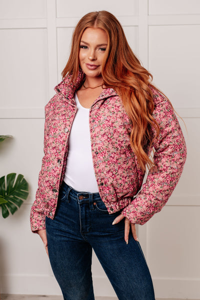 Wish Me Well Floral Printed Puffer Jacket in Rose Multi - Ruby Rebellion
