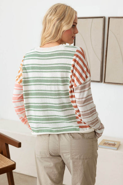 Color Block Stripe Long Sleeve Relaxed Knit Top