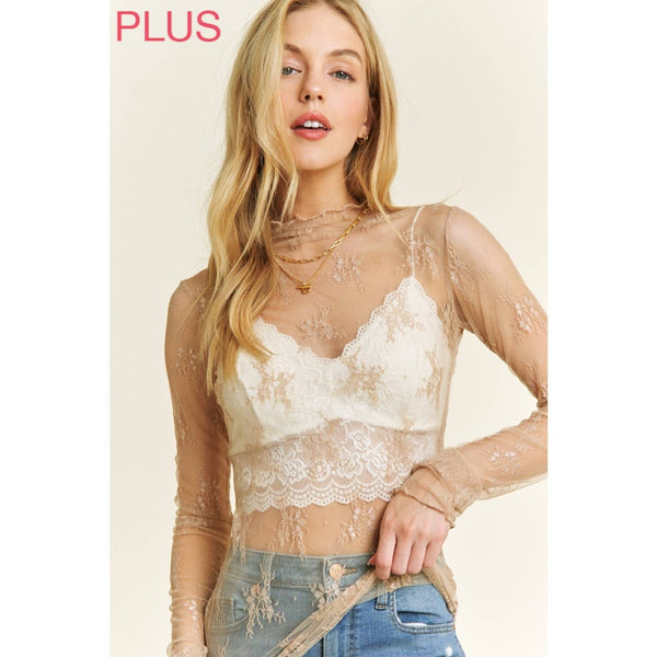 PLUS SIZE MESH LACE HIGH NECK DESIGN LONG SLEEVE FITTED TOP