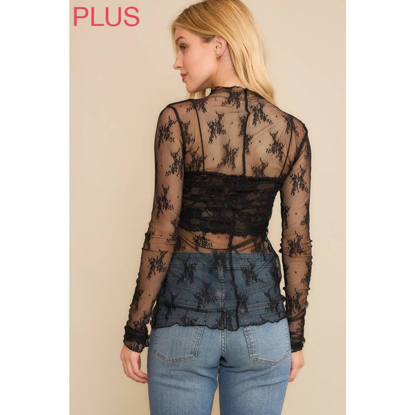 PLUS SIZE MESH LACE HIGH NECK DESIGN LONG SLEEVE FITTED TOP