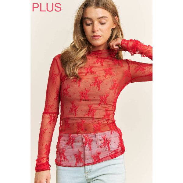 PLUS SIZE MESH LACE HIGH NECK DESIGN LONG SLEEVE FITTED TOP