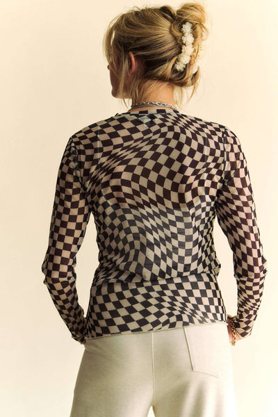 CHECKERED MESH LONG SLEEVE LAYERING TOP