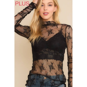 PLUS SIZE MESH LACE HIGH NECK DESIGN LONG SLEEVE FITTED TOP