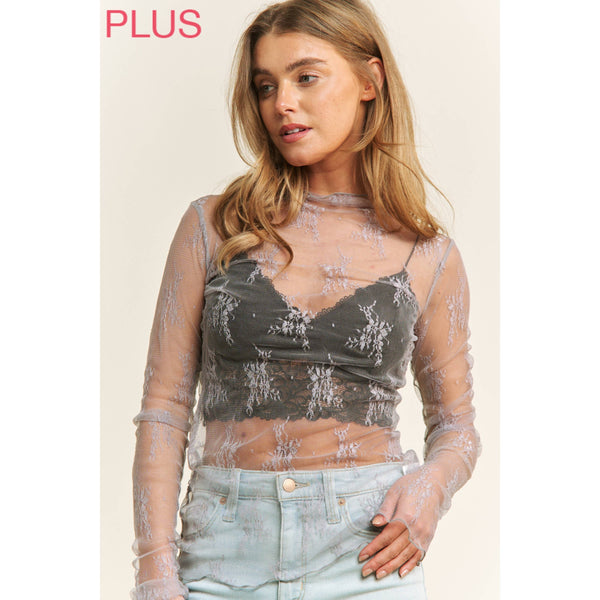 PLUS SIZE MESH LACE HIGH NECK DESIGN LONG SLEEVE FITTED TOP