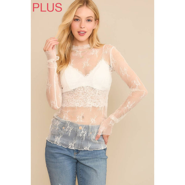 PLUS SIZE MESH LACE HIGH NECK DESIGN LONG SLEEVE FITTED TOP