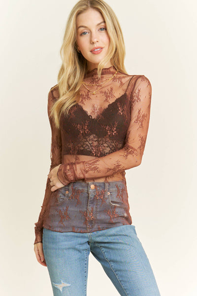 MESH LACE HIGH NECK DESIGN LONG SLEEVE FITTED TOP