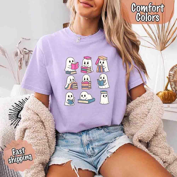 Ghost Reading Comfort Colors Shirt – Spooky Book Lover Halloween Tee
