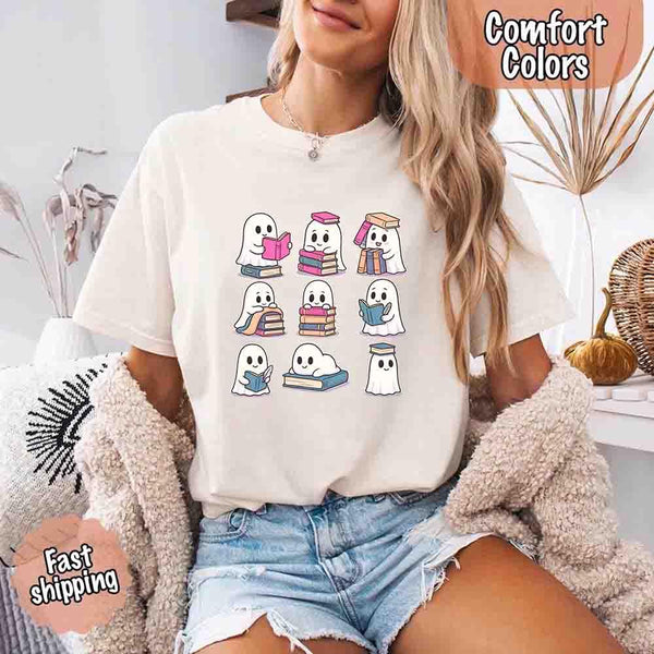 Ghost Reading Comfort Colors Shirt – Spooky Book Lover Halloween Tee
