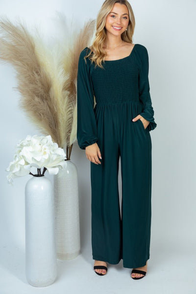 Smocked Gathered Wide-Leg Solid Knit Jumpsuit