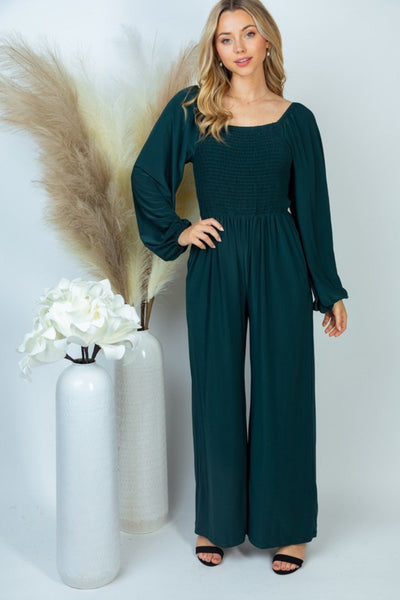 Smocked Gathered Wide-Leg Solid Knit Jumpsuit